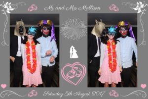 guests at a wedding in nottinghamshire enjoying the Magic Mirror Photo Booth with masks and hats